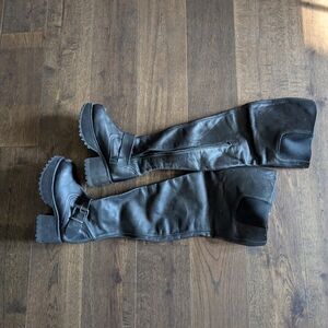 Over-the-Knee Black Chunky Sole Real Leather Boots